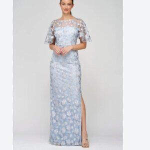JS Collections Brooke Column Gown Lace Embroidered Floral Silver Azure